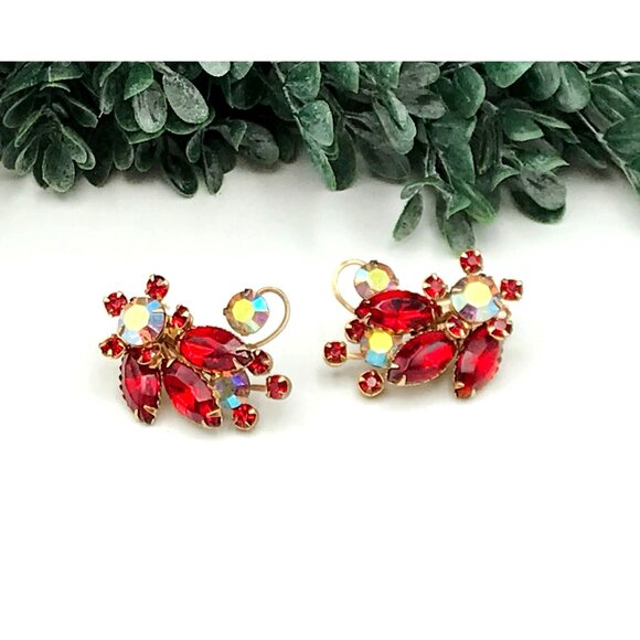 Vintage Clip-On Red & Aurora Borealis Rhinestone Earrings Gold-Tone Metal Statem - Picture 2 of 8